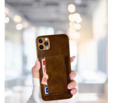 İPHONE 11 PRO MAX KARTLIKLI STANDLI GLASE LÜX DERİ KILIF KAHVERENGİ