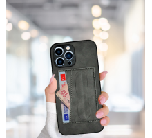 İPHONE 14 PRO KARTLIKLI STANDLI  LÜX DERİ KILIF GRİ