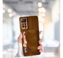 XİAOMİ NOTE 11 PRO KARTLIKLI STANDLI GLASE LÜX DERİ KILIF KAHVERENGİ