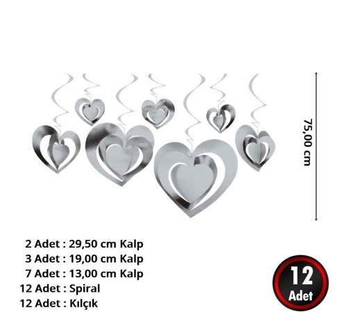 3 Boyutlu Spiralli Gümüş Renk Kalp Şekilli Tavan Asma Süsü 12 Adet