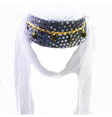Beyaz Duvaklı Altın Pul İşlemeli Kına Fesi Kına şapkası Oryantal şapkası