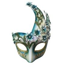 Çiçekli Orjinal Masquerade Harem Maskesi El İşlemeli Mavi Renk