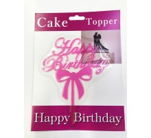 Happy Birthday Yazılı Fiyonklu Pasta Kek Çubuğu Pembe Renk