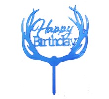 Happy Birthday Yazılı Pasta Süslemesi Kek Çubuğu Mavi Renk 13 cm