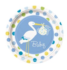 Leylek Temalı Mavi Renk Erkek Baby Boy Stork Baby Shower Parti Tabağı 8 Adet