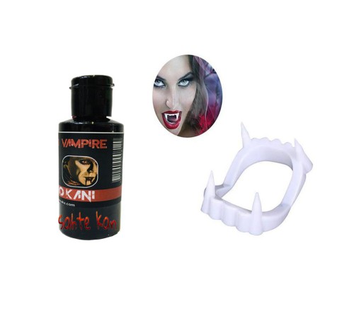 Beyaz Renk Çift Damak Takma Vampir Dişi ve 50 gr Tiyatro Kanı