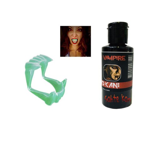 Fosforlu Çift Damak Takma Vampir Dişi ve 50 gr Tiyatro Kanı