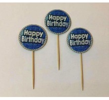 Mavi Gümüş Renk Happy Birthday Kürdan Süs 20 Adet