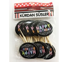 Siyah Üzeri Rengarenk Happy Birthday Parti Kürdan Süsü 20 Adet