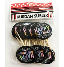 Siyah Üzeri Rengarenk Happy Birthday Parti Kürdan Süsü 20 Adet