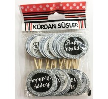 Gümüş Siyah Happy Birthday Parti Kürdan Süsü 20 Adet