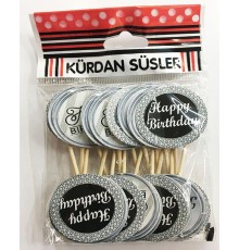 Gümüş Siyah Happy Birthday Parti Kürdan Süsü 20 Adet