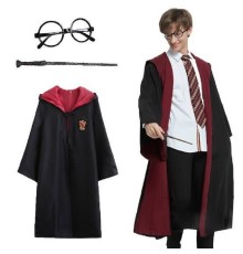 Harry Potter Gryffindor Kapişonlu Çocuk Kostüm + Asa + Gözlük Seti 7-8 Yaş