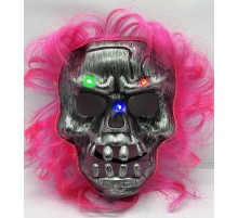 Pembe Saçlı Led Işıklı Kuru Kafa İskelet Korku Maskesi 22x25 cm