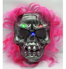 Pembe Saçlı Led Işıklı Kuru Kafa İskelet Korku Maskesi 22x25 cm