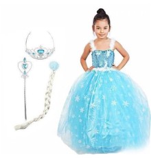 Karlar Ülkesi Elsa Frozen Kostümü + Tacı + Asası + Saçı Full Set 7-9 Yaş
