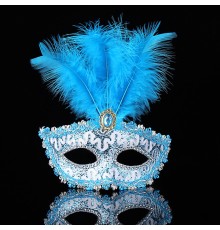 Mavi Dantel İşlemeli Mavi Tüylü Balo Parti Maskesi 17x20 Cm
