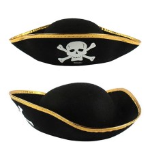 Altın şeritli Siyah Renk Yayvan Korsan şapkası Yetişkin 32x24 Cm