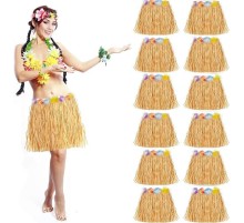 Yetişkin ve Çocuk Uyumlu Saman Renk Hawaii Luau Hula Etek 40 cm 12 Adet