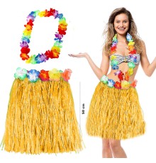 Hawaii Luau Aloha Sarı Püsküllü 50 Cm Etek Ve Hawaii Kolye Seti