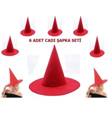 Kırmızı Renk Keçe Cadı şapkası Yetişkin çocuk Uyumlu 6 Adet