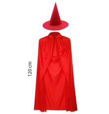 Yetişkin Boy 120 cm Kırmızı Yakalı Pelerin ve Kırmızı Cadı Şapkası
