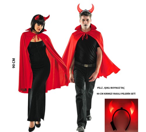 Kırmızı Yakalı Yetişkin Çocuk Uyumlu 90 cm Halloween Pelerin ve Işıklı Boynuz Taç Seti Kırmızı Yakalı Yetişkin Çocuk Uyumlu 90 cm Halloween Pelerin ve Işıklı Boynuz Taç Seti