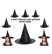 Halloween Siyah Renk Parlak Dralon Cadı Şapkası Yetişkin ve Çocuk Uyumlu 6 Adet