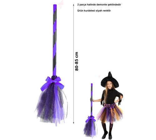Mor Cadı Süpürgesi - Halloween Siyah Fiyonklu Tüllü Cadı Süpürgesi 80-85 cm Mor Cadı Süpürgesi - Halloween Siyah Fiyonklu Tüllü Cadı Süpürgesi 80-85 cm