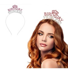 Kristal Taşlı Pembe Birthday Princess Yazılı Parti Tacı 19x11 cm