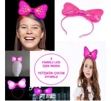 Led Işıklı & Pilli 3 Farklı Modda Yanan Yıldızlı Fiyonk Parti Tacı Pembe Renk 19x15 cm