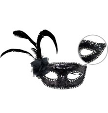 Siyah Renk Yandan Tüylü Güllü Gümüş Taşlı Pullu Maske 20x22 cm
