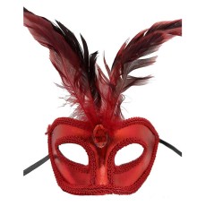 Kırmızı Renk Rugan Kaplama Kırmızı Tüylü Parti Maskesi 18x20 Cm