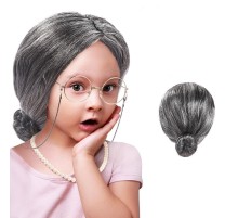 Gri Renk Yaşlı Peruğu Takma Saç Anneanne Babaanne Yetişkin Çocuk Uyumlu