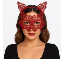 Kırmızı Dantel Kedi Maskesi ve Dantel Taç Seti – Kadın Kostüm Aksesuarı