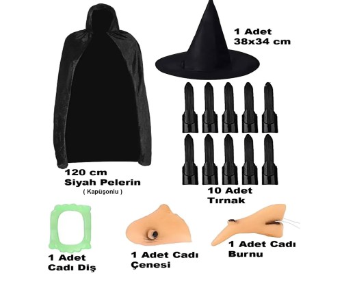 Siyah Kapüşonlu Pelerin 120 Cm Tırnaklar Diş Çene Burun ve Şapka Seti