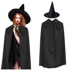 120 cm Siyah Yakalı Pelerin ve Siyah Cadı Şapkası Kostüm Seti