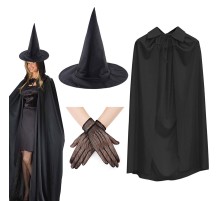 120 cm Siyah Yakalı Cadı Pelerini Cadı Şapkası ve 1 Çift Siyah Kısa File Tüm Eldiven Seti 3 Parça