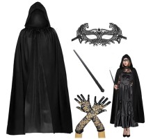 120 cm Kapüşonlu Siyah Pelerin + Asa + Dantel Maske + Uzun Dantel Siyah Eldiven Kostüm Seti