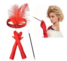 1920 ler Tarzı Kırmızı Tüylü Saç Bandı Kırmızı Rugan Eldiven ve Sigaralık Seti