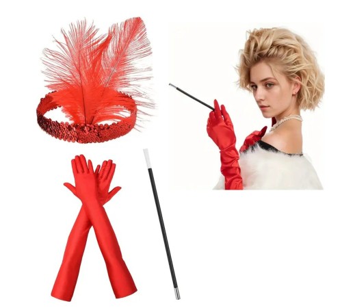 1920 ler Tarzı Kırmızı Tüylü Saç Bandı Kırmızı Rugan Eldiven ve Sigaralık Seti