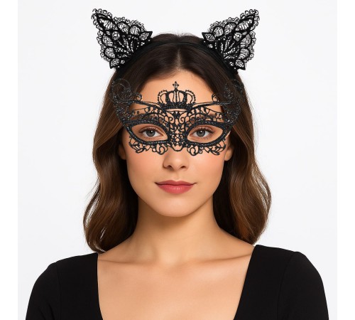 Parti Gecesi Siyah Dantel Maske ve Taç Seti 9 No