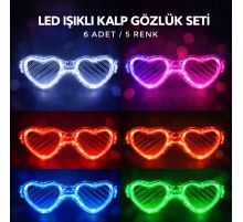 LED Işıklı Kalp Glow Pilli Parti Gözlüğü – 6 Adet / 5 Renk Set