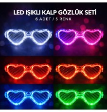 LED Işıklı Kalp Glow Pilli Parti Gözlüğü – 6 Adet / 5 Renk Set