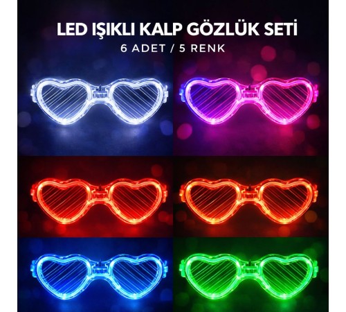 LED Işıklı Kalp Glow Pilli Parti Gözlüğü – 6 Adet / 5 Renk Set