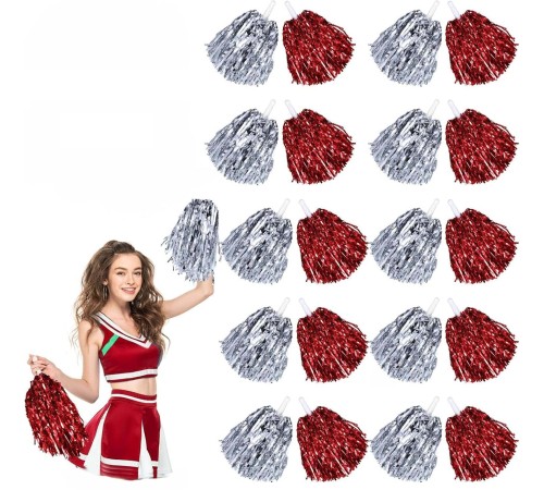 Kırmızı Gümüş Metalik Dolgun Gösteri Ponponu 20 Adet (10 Çift)