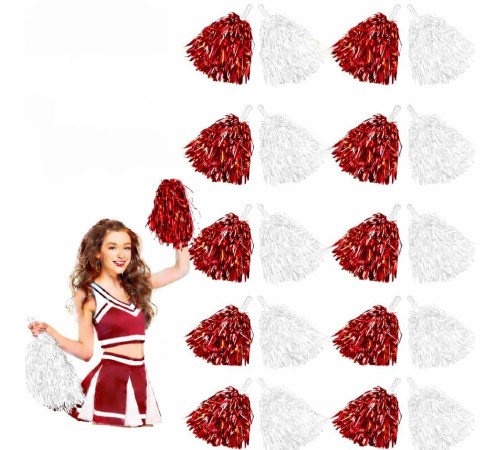 Kırmızı Beyaz Metalik Dolgun Gösteri Ponponu 20 Adet (10 Çift)