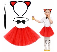 Kırmızı Renk Etekli Kedi Kostüm Seti (Tütü, Taç, Papyon, Kuyruk)