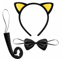 Sarı Kulaklı Kedi Kostüm Seti – Taç Papyon Kuyruk 3 Parça