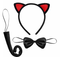 Kırmızı Kulaklı Kedi Kostüm Seti – Taç Papyon Kuyruk 3 Parça